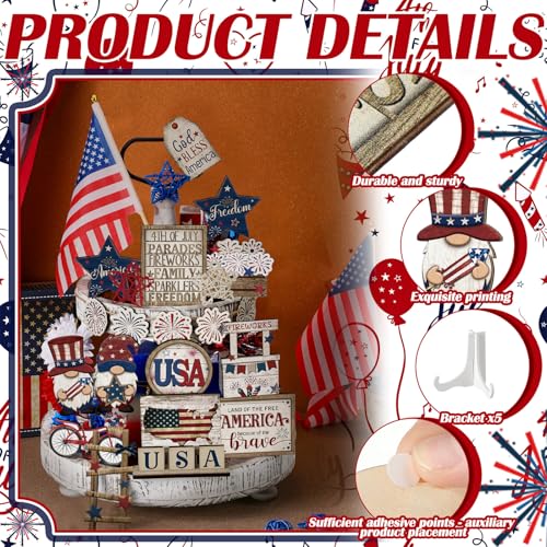20 Pcs 4th of July Patriotic Tiered Tray Decor Red White and Blue USA Flag Wood Signs Rustic Memorial Day Wooden Tiered Tray Decoration for Independence 250th Anniversary Labor Home Party - style: Vivid Style