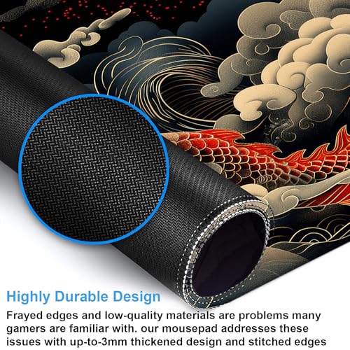 Desk Pad, Japanese Wave and Red Dragon Auspicious Clouds XL Gaming Mouse Pad with Stitched Edges,Non-Slip Waterproof Rubber Base Large Desk Mat for Keyboard and Mouse 31.5"x11.8" - color: Colour5, size: X-Large
