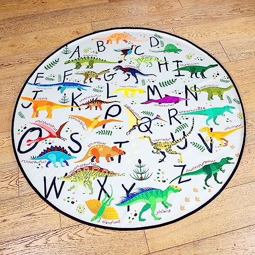 Splat Mat for Baby – Under High Chair Floor Mat Protects Wood, Vinyl and Carpet from Spills – Waterproof 4 Layer Baby Mat Bundle with Waterproof Matching Smock (51” x 51”) - color: Dinosaur Alphabet Grey