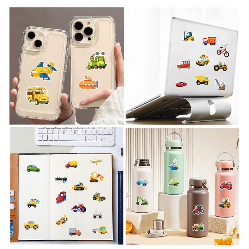 50 PCS Cartoon Vehicle Stickers for Scrapbooking, Construction Truck Decals for Journaling Planner, Waterproof Vinyl Transport Stickers for Water Bottle Laptop Phone DIY Crafts - style: A7