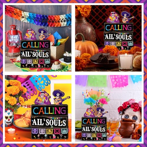 Britimes 4 Pcs Day of the Dead Skull Table Decor Halloween Tiered Tray Decorations Set Skull with Guitar and Maracas Block Signs Gift Rustic Farmhouse Tabletop Decor for Table & Home Office - style: Day of the Dead Duo