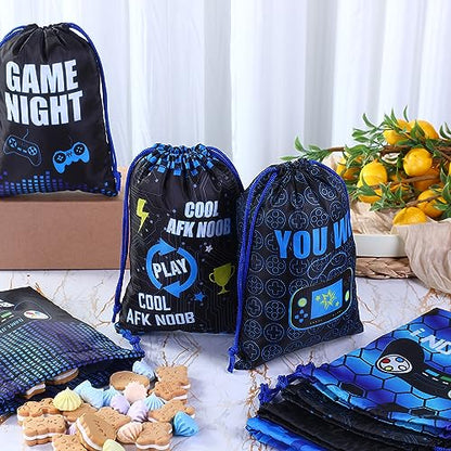 Faccito 16 Pieces Video Game Party Favors Bags 7 x 9.8 Inch Gaming Party Drawstring Bags Bulk Game Theme Goodie Candy Treat Gift for Boys Girls Birthday Supplies, 8 Styles(Blue)