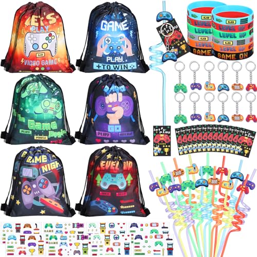 LemonRoad 73 Pcs Classic Video Party Favors Set Birthday Supplies Includes Drawstring Bags Backpack Keychains Bracelets Stickers Straws Tags for Birthday Party Favors Rewards Gifts - style: Classic Video Game