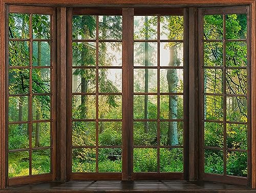 Aidatain Green Forest Natural Tapestry Window Scenery Wall Aesthetic Tapestry for Bedroom Flannel 80" L X 60" W Beach Blanket Living Dinning Room College Dorm Wall Hanging GTDJAT0052 - size: 80"L x 60"W