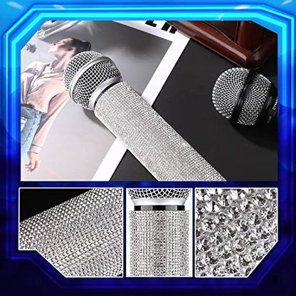 MIC NOT INCLUDED, Facmogu Silver Mic Handle Cover, Rhinestones Mic Handle Sleeve for Party & TV Show, Microphone Cover Sleeve with Sparkly Bling Rhinestones Fit for Most Universal Wireless Microphones - color: Silver
