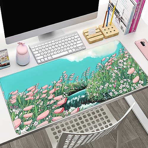 Cute Anime Floral Desk Mat Sage Green Large Mouse Pad XL Gaming Mousepad Kawaii Desk Keyboard Pad Laptop Computer Mouse Mat Cute Desk Decor Desk Pads On Top of Desks for Desktop 31.5''X 15.7'' - color: A Anime Floral