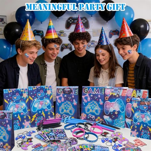 Tuhangcc 110Pcs Video Game Party Favors Set For 12 Guest Included Video Game Keychains Gamer Goodie Bag Silicone Wristband Stickers Notebooks Gel Pen For Gamer Party Favors Gamer Birthday Party Gifts
