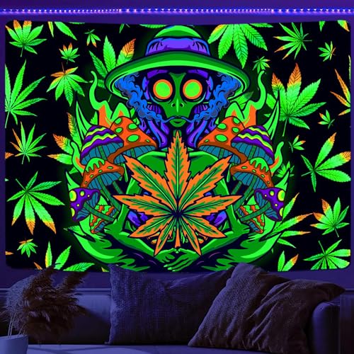Xiaoput Blacklight Weed Tapestry for Bedroom, UV Reactive Black Light Cool Alien Posters for Adults, Marijuana Glow in the Dark Trippy Tapestry for Men Men Room Bedroom Gaming Decor 60X40IN - size: 60"L x 40"W