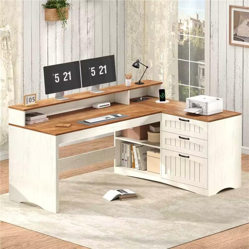 YOMILUVE Farmhouse L Shaped Desk, 61" Home Office Desk with Drawers and Storage Shelves, L Shaped Computer Desk with Power Outlet, Executive Desk with Monitor Stand, Printer Shelf, Brown and White