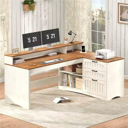 YOMILUVE Farmhouse L Shaped Desk, 61" Home Office Desk with Drawers and Storage Shelves, L Shaped Computer Desk with Power Outlet, Executive Desk with Monitor Stand, Printer Shelf, Brown and White