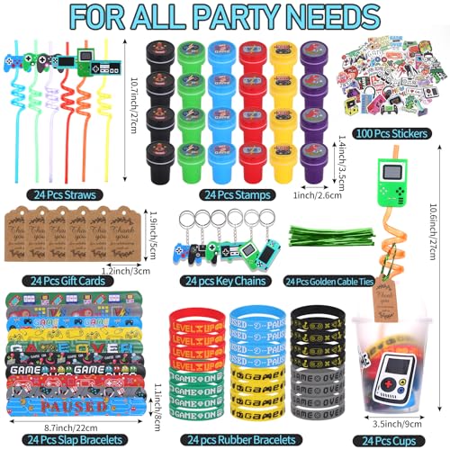 LiYiQ 292 Pcs Video Game Party Favors With Reusable Drinking Straws Cups Slap Bracelets Keychains Gift Tags Stamps Stickers and Twist Ties for Gamer Birthday Party Supplies