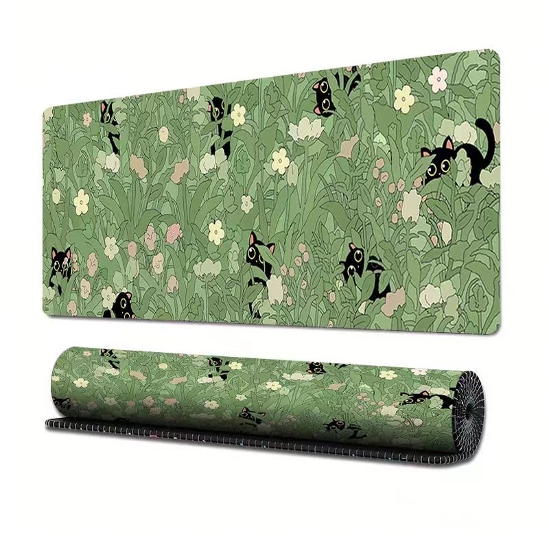 Gaming Mouse Pad XXL Extended Anime Mouse Pad 31.5x11.8 inch, Large Cute Kawaii Big Computer Mouse Mat Desk Pad with Non-Slip Rubber Base and Stitched Edge for Home Office-Cat in Grass - color: Cat in Grass, size: 31.5L x 11.8W inches