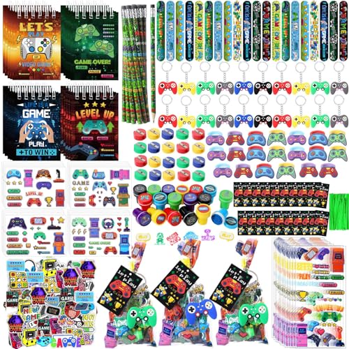 Sayglossy 331 Pcs Video Game Party Favors Set Includes Gift Bags Pencils Notebook Sharpener Slap Bracelets Rings Keychains 3D Puffy Stickers Stamper Gamer Party Favors Birthday (Classic) - style: Classic
