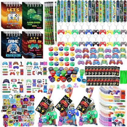 Sayglossy 251 Pcs Video Game Party Favors Set Includes Gift Bags Pencils Notebook Sharpener Slap Bracelets Rings Keychains 3D Puffy Stickers Stamper Gamer Party Favors Birthday (Classic) - style: Classic
