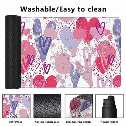MIOAOSRT Desk Mat,Pink and Violet Hearts Gaming Mouse Pad,XXL Extended Mouse Pad Mat for Office,Computer,Keyboard with Non-Slip Base Stitched Eges Mousepad 35.4x15.75 inch - color: Pink and Violet Hearts
