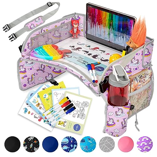 PILLANI Kids Travel Tray for Car - Carseat Tray for Toddler, Road Trip Must Haves with Cup Holder & Drawing Board - Toddler Airplane Travel Essentials for Girls - Car Accessories for Kids - color: Pink Unicorn