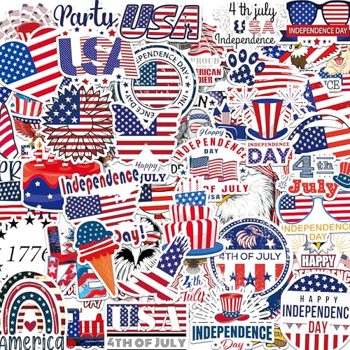 DETICKERS 4th of July Stickers 50 PCS Waterproof Independence Day Vinyl Stickers Patriotic Independence Day Gifts for Adults - style: 4th of July