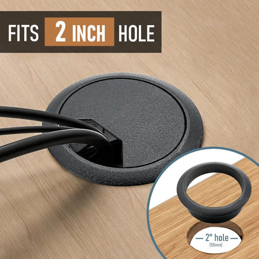 ANGSTROM 2-Inch Hole Desk Grommet Cover Organizer for Desktop Computer Electronics Wires, Black Plastic (2-Pack)