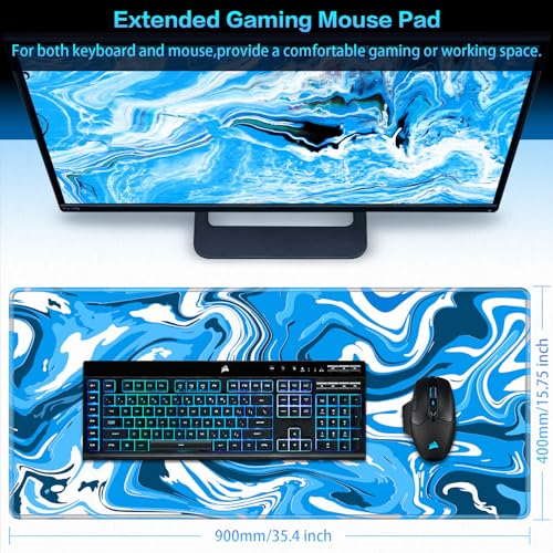 Canjoy Gaming Mouse Pad, Fluid Pattern Mouse Pad 35.4x15.7inch Large Extended Computer Mouse Mat Keyboard Full Desk Mousepad for Gaming, Office, Home - color: Blue-White Fluid, size: 900*400mm