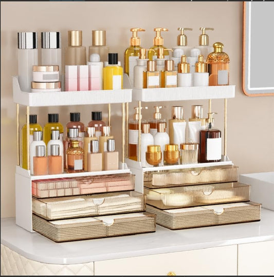 caktraie 2 Pack Bathroom Organizers and Storage - 3 Drawers 2 Tier Makeup Organizer, Cosmetic Storage Drawer for Dresser Countertop and Bathroom Vanity for Large Skincare, Perfume, Amber - color: Amber, size: 2 PACK