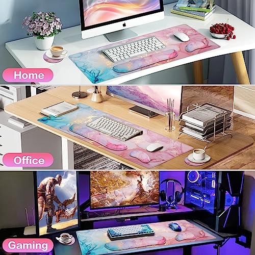 Mouse Pad Pink, Mouse Pad with Wrist Rest, 4-in-1 XXL Extended Large Desk Mat +Mousepad with Gel Wrist Support+Keyboard Wrist Rest+Coaster,Ergonomic Desk Pad for Study Gaming Home Office Computer - color: Pink Blue Marble
