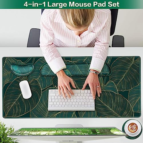 Desk Mat, Large Gaming Mouse Pad with Wrist Rest, 4in1 XXL Mousepad+Keyboard Wrist Rest+Mouse Pad Wrist Support+Cup Coaster Set Ergonomic for Computer Desk Accessories Decor Home Office Table Women - color: Golden Green Palm Leaves