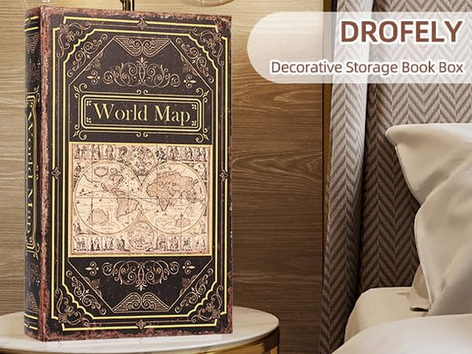Fake Book Box Vintage Style,Decorative Book Storage Box Retro Map Pattern Wooden Box to Store Postcard,Photos,Jewelry,Remotes,Sundries 1-01
