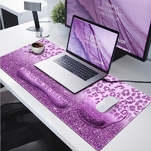 iLeadon Mouse Pad Set, Desk Mat + Mouse Pad with Wrist Rest + Keyboard Wrist Rest + Coaster, 4in1 Large Gaming Mouse Pad Glitter Leopard Mouse and Keyboard Pad Set for Home Office, Purple - color: Purple
