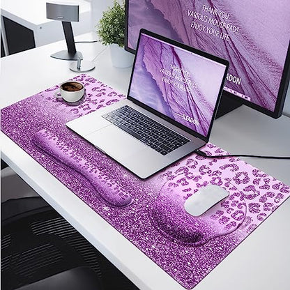 iLeadon Mouse Pad Set, Desk Mat + Mouse Pad with Wrist Rest + Keyboard Wrist Rest + Coaster, 4in1 Large Gaming Mouse Pad Glitter Leopard Mouse and Keyboard Pad Set for Home Office, Purple - color: Purple