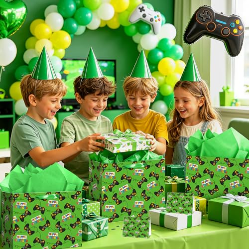 Large Video Game Birthday Gift Bag with Wrapping Tissue Paper and Greeting Card Green Gaming Controller Present Wrapping Bag for Boys Kids Teens Gamers Happy Birthday Party Supplies Gifts Son Grandson