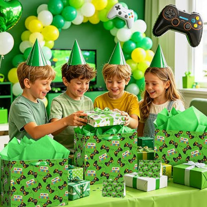 Large Video Game Birthday Gift Bag with Wrapping Tissue Paper and Greeting Card Green Gaming Controller Present Wrapping Bag for Boys Kids Teens Gamers Happy Birthday Party Supplies Gifts Son Grandson