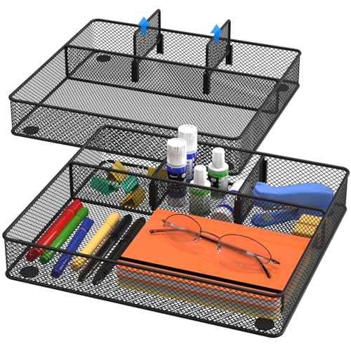VyGrow Desk Drawer Organizer Tray, Metal Mesh Drawer Organizers Office, 4 Grid with Adjustable Compartment, Desk Organizer Tray for Home Office 12x10.6x1.9 inch Black, 2 Pack - color: 2PCS 4-Grid