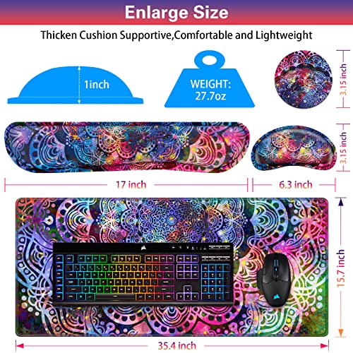 Canjoy Gaming Mouse Pad Set, 4-in-1 XXL Large Mouse Pad + Keyboard Wrist Rest Support+ Coaster, (35.4×15.7 in) Extended Desk Pad Memory Foam Non-Slip Desk Mat for Home Office - color: Purple Mandala