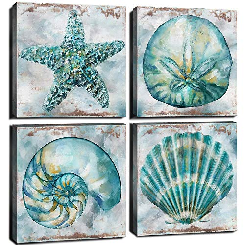 Farmhouse Seashell Bathroom Decor Teal Blue Beach Starfish Wall Art Rustic Coastal Artwork for Walls Modern Canvas Prints Watercolor Aqua Sea Conch Shells Pictures Bedroom Kitchen Decoration 12x12" 4P - color: Teal Conch, size: 12x12in