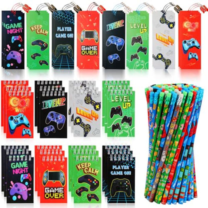 Kolewo4ever 148 Pieces Video Game Theme Stationery Set:100 Pcs Video Game Pencils 24 Pcs Game Pattern Mini Spiral Notepad Memo Pad 24 Pcs Game Metal Charms Bookmarks (Video Game)