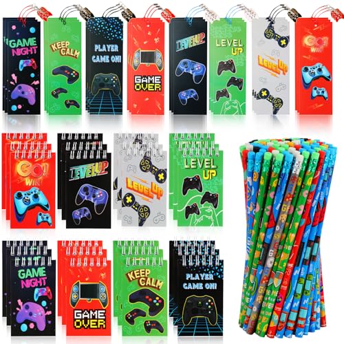 Kolewo4ever 148 Pieces Video Game Theme Stationery Set:100 Pcs Video Game Pencils 24 Pcs Game Pattern Mini Spiral Notepad Memo Pad 24 Pcs Game Metal Charms Bookmarks (Video Game)