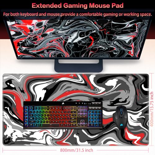Canjoy Gaming Mouse Pad, Fluid Pattern Mouse Pad 31.5x15.7inch Large Extended Computer Mouse Mat Keyboard Full Desk Mousepad for Gaming, Office, Home - color: Red Black-2, size: 800*400mm