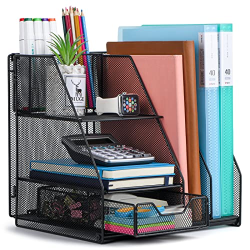 Topwey Desk Organizer, File Organizer for Desk with 2-Tier Paper Letter Tray, Drawer and 2 Pen Holder, Mesh Desktop Organization with Magazine Holder for Office Supplies - color: dark black