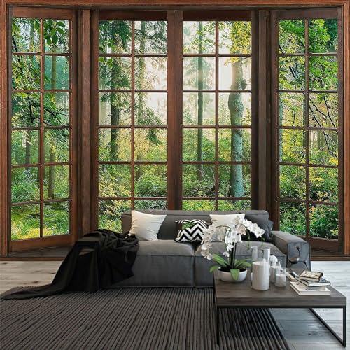 Aidatain Green Forest Natural Tapestry Window Scenery Wall Aesthetic Tapestry for Bedroom Flannel 108" L x 90" W Beach Blanket Living Dinning Room College Dorm Wall Hanging GTDJAT0095 - size: 108"L x 90"W