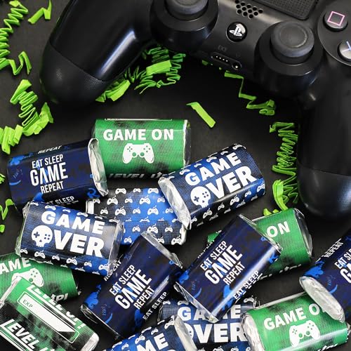Gamer Birthday Party Favors, Video Game Birthday Mini Candy Bar Wrappers - 42 Stickers - color: Mini Candy Bar Sticker