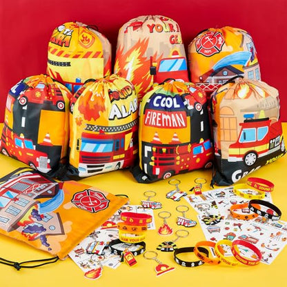 SNLN Fire Truck Party Favors Birthday Supplies, Firefighter Drawstring Bag Keychain Silicone Bracelet Tattoo Sticker, Firetruck Birthday Party Goodie Bag Stuffers Fillers Classroom Rewards for Kid - style: Fire Truck