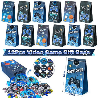 124Pcs Video Game Party Favors for Kids Gamer Birthday Supplies - Controller Straw Paper Bag Stamp Bracelet Glow Sticker Keychain Gaming Sticker, Boy Game On Pinata Filler Goodie Stuffer Decor