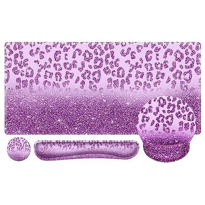 iLeadon Mouse Pad Set, Desk Mat + Mouse Pad with Wrist Rest + Keyboard Wrist Rest + Coaster, 4in1 Large Gaming Mouse Pad Glitter Leopard Mouse and Keyboard Pad Set for Home Office, Purple - color: Purple
