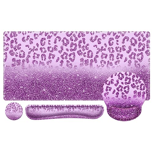 iLeadon Mouse Pad Set, Desk Mat + Mouse Pad with Wrist Rest + Keyboard Wrist Rest + Coaster, 4in1 Large Gaming Mouse Pad Glitter Leopard Mouse and Keyboard Pad Set for Home Office, Purple - color: Purple