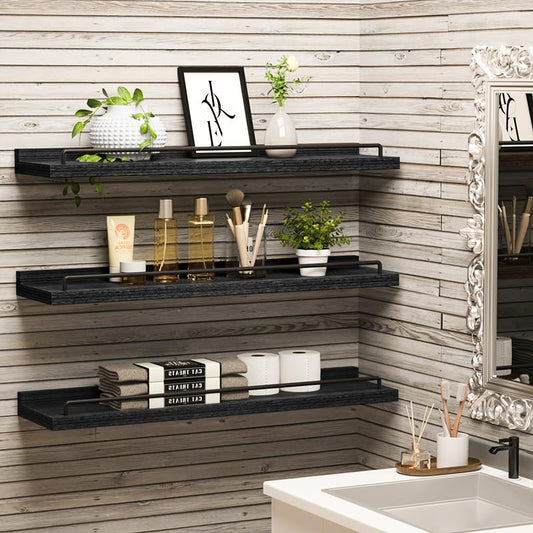 RYOFOBETTO 22 inches Long Floating Shelves, Bathroom Decor Shelves Over Toilet, Farmhouse Wall Shelves for Living Room, Bedroom, Picture Frames, Plants, Kitchen, Set of 3 (Black) - color: Black, size: 22"