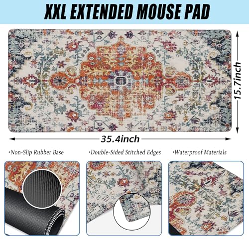 Large Gaming Mouse Pad for Desk,Boho Carpet Style Desk Mat for Desktop,Boho Rug Desk Pad,Extended Big Computer Keyboard Mouse Pad with Non-Slip Base and Stitched Edges 35.4"x15.7" - color: Boho Carpet Style-1, size: XXL-35.4"x15.7"