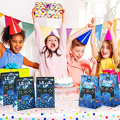 Geosar 30 Pack Video Game Party Favor Paper Bags Game on Goodie Candy Gift Bags with 30 Stickers Level up Reusable Goodie Treat Snacks Supplies for Boys Kids Gaming Birthday Party(Blue) - color: Blue