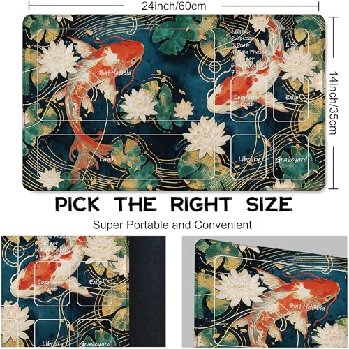 for MTG Playmat 24 x 14 Inches Lotus Leaves Koi Magic Play Mat Card Game Mat for Magic The Gathering TCG PTCG Playmat with Free Storage Bags Non-Slip Backing and Stitched Edge - color: Lotus Leaves Koi With Zones