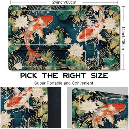 for MTG Playmat 24 x 14 Inches Lotus Leaves Koi Magic Play Mat Card Game Mat for Magic The Gathering TCG PTCG Playmat with Free Storage Bags Non-Slip Backing and Stitched Edge - color: Lotus Leaves Koi With Zones