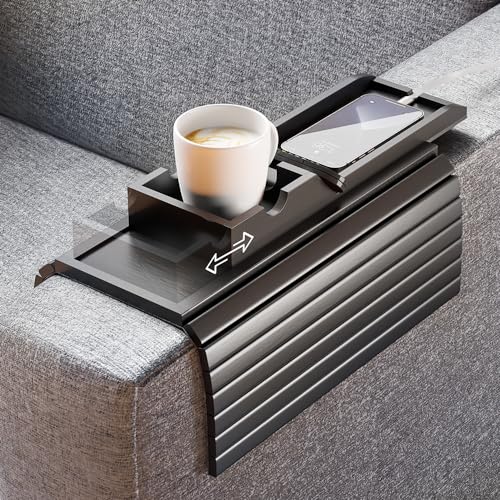 Bestjing Bamboo Couch Armrest Table, Sofa Arm Tray with Detachable Couch Cup Holder- 2 in 1 Anti-Slip Foldable Sofa Armchair Caddy Table for Drinks Cellphone TV Remote Snacks (Black) - color: Black, size: 16.3" x 13.3" x 2"